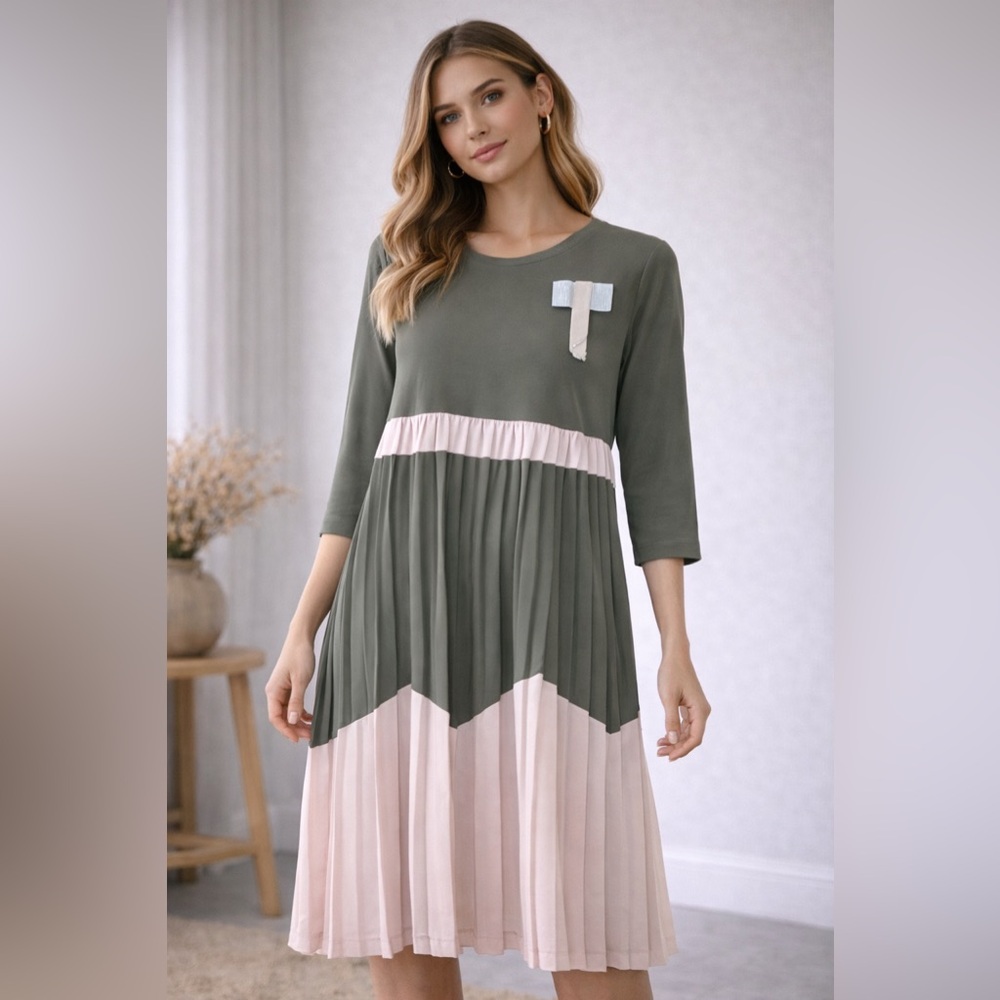 Chic Olive and Pink Midi Dress